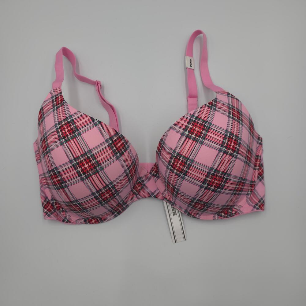 PINK Victoria's Secret Wear Everywhere Push-up Bra Pink Lollipop Plaid Size 36DD